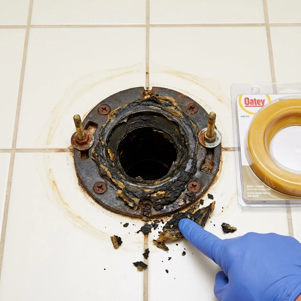 Failed wax ring showing water seepage at the base of a toilet in a Alma, NE home