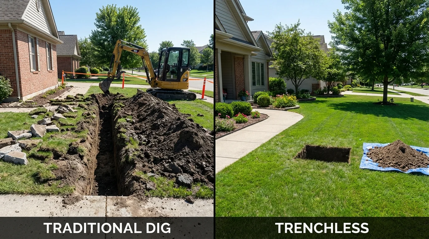 Trenchless sewer repair with minimal yard damage versus traditional excavation in Alma, NE