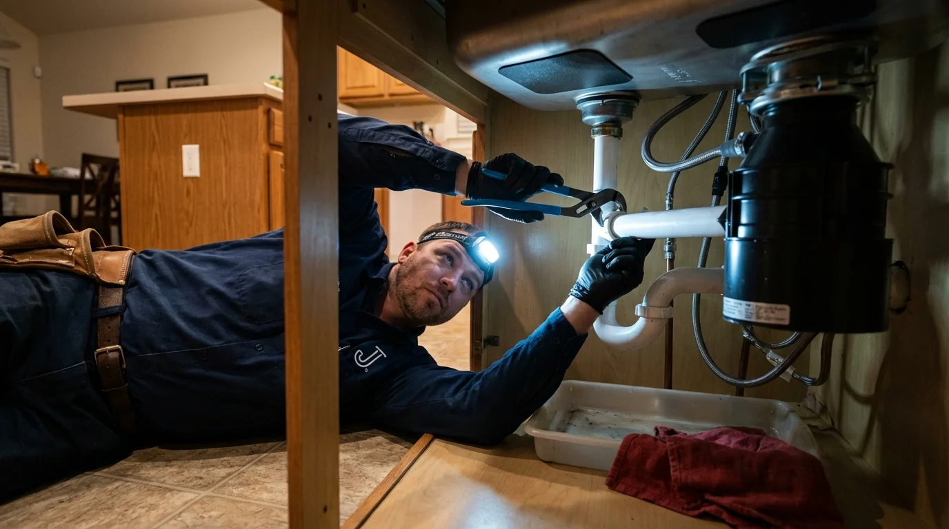 P-trap and supply line connections under a kitchen sink showing a common leak point in Alma, NE